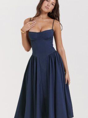 NWOT House of CB Samaria Corset Fit & Flare Dress, Navy, S (Bigger Cup)